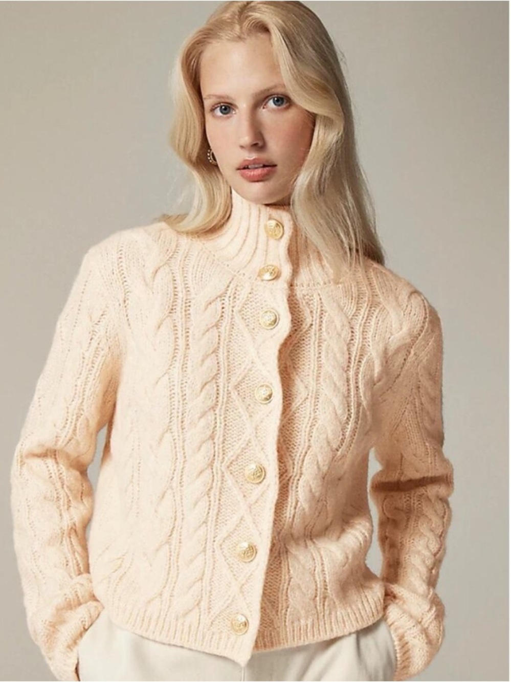 J. Crew Gray Cable-knit turtleneck cardigan Sweater Wool Cropped Gold Buttons S - Picture 3 of 9